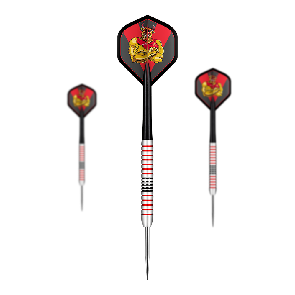 Das Bild zeigt drei Steeldarts mit silbernen und roten Rillen sowie schwarzen Schäften. Auf den Flights ist eine Grafik mit einer gelben Figur auf rotem Hintergrund abgebildet.